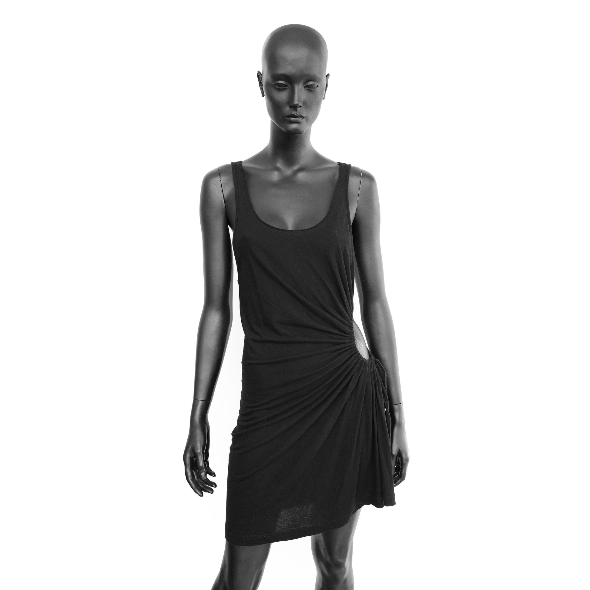 Yohji Yamamoto Y's SS 2018 cotton/silk blend tank dress with a ruched cut out detail, adjustable via drawstrings. Size JPN 2 / S-M. Available at Artefact Archive.