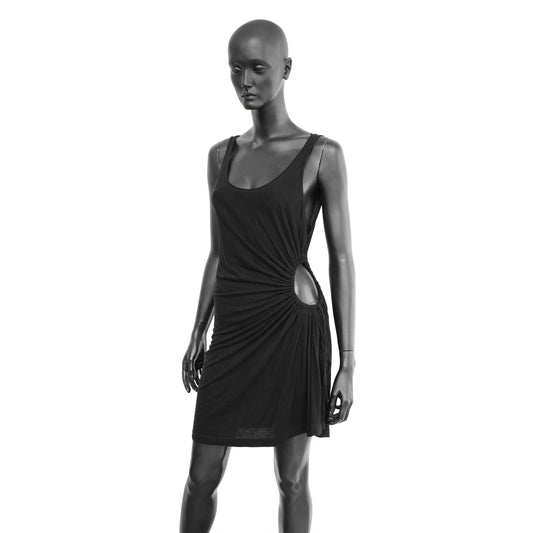 Yohji Yamamoto Y's SS 2018 cotton/silk blend tank dress with a ruched cut out detail, adjustable via drawstrings. Size JPN 2 / S-M. Available at Artefact Archive.
