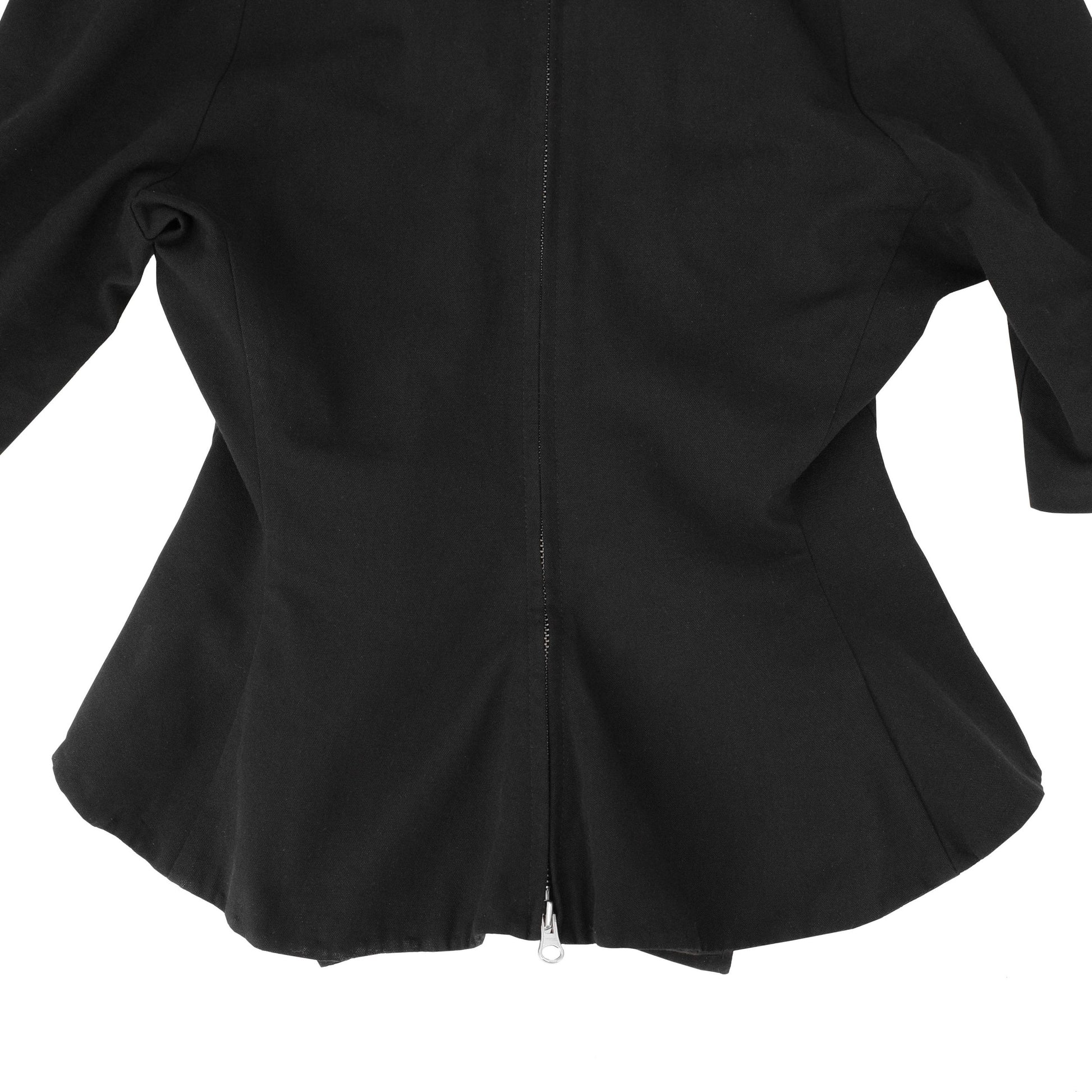 Yohji Yamamoto SS 2000 jacket with mid length sleeves, double zip closure, fitted waist and peplum hem. Size JPN 1 / XS-S. Available at Artefact Archive.