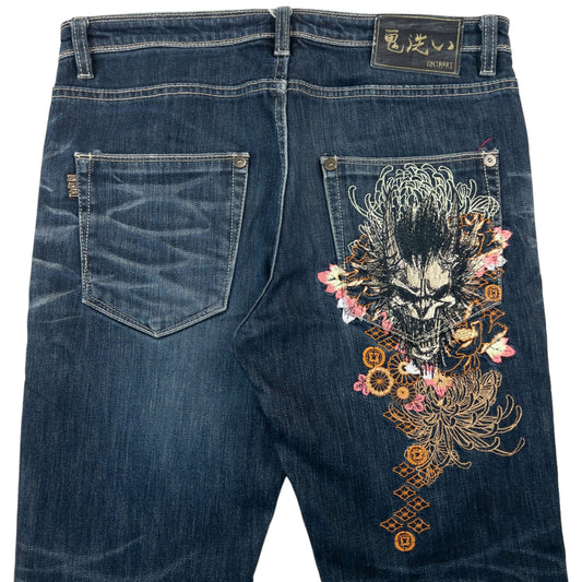 Vintage Oniarai Japanese Floral Monster Embroidered Denim Jeans Size W34