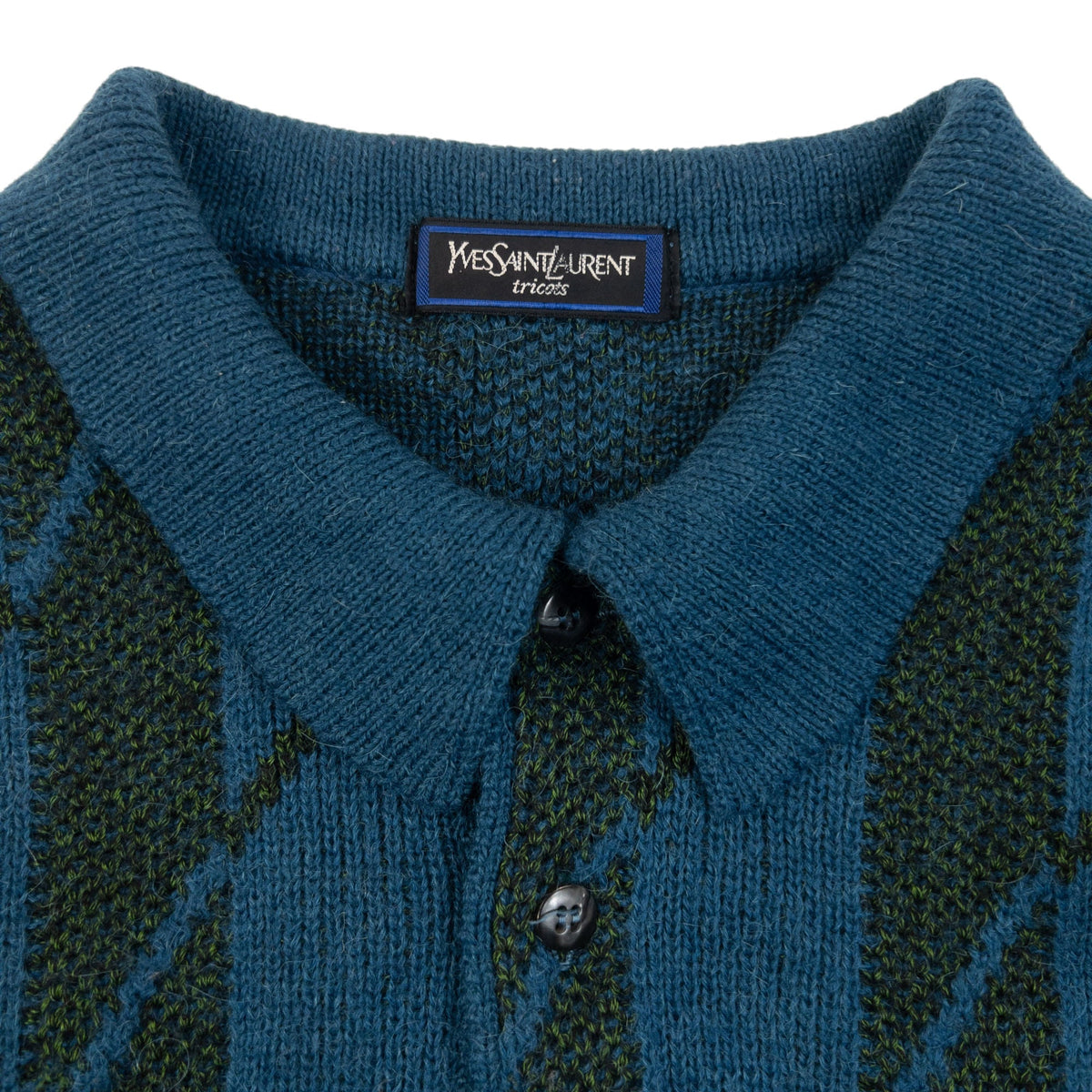 Vintage 80s YSL Yves Saint Laurent Knit Pattern Polo Jumper Size S | Small, Blue