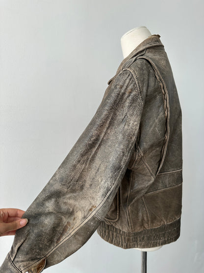 Vintage 1990s Distressed Leather Bomber Jacket - M-L