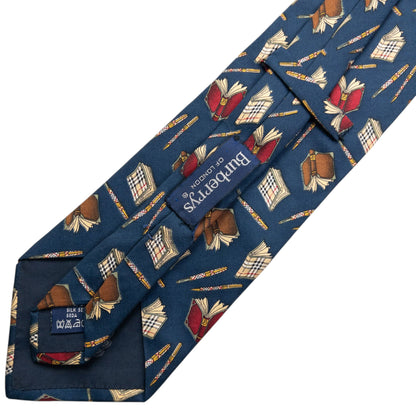 Vintage 90s Burberry Book & Pen Pattern Silk Tie | O/S, Blue