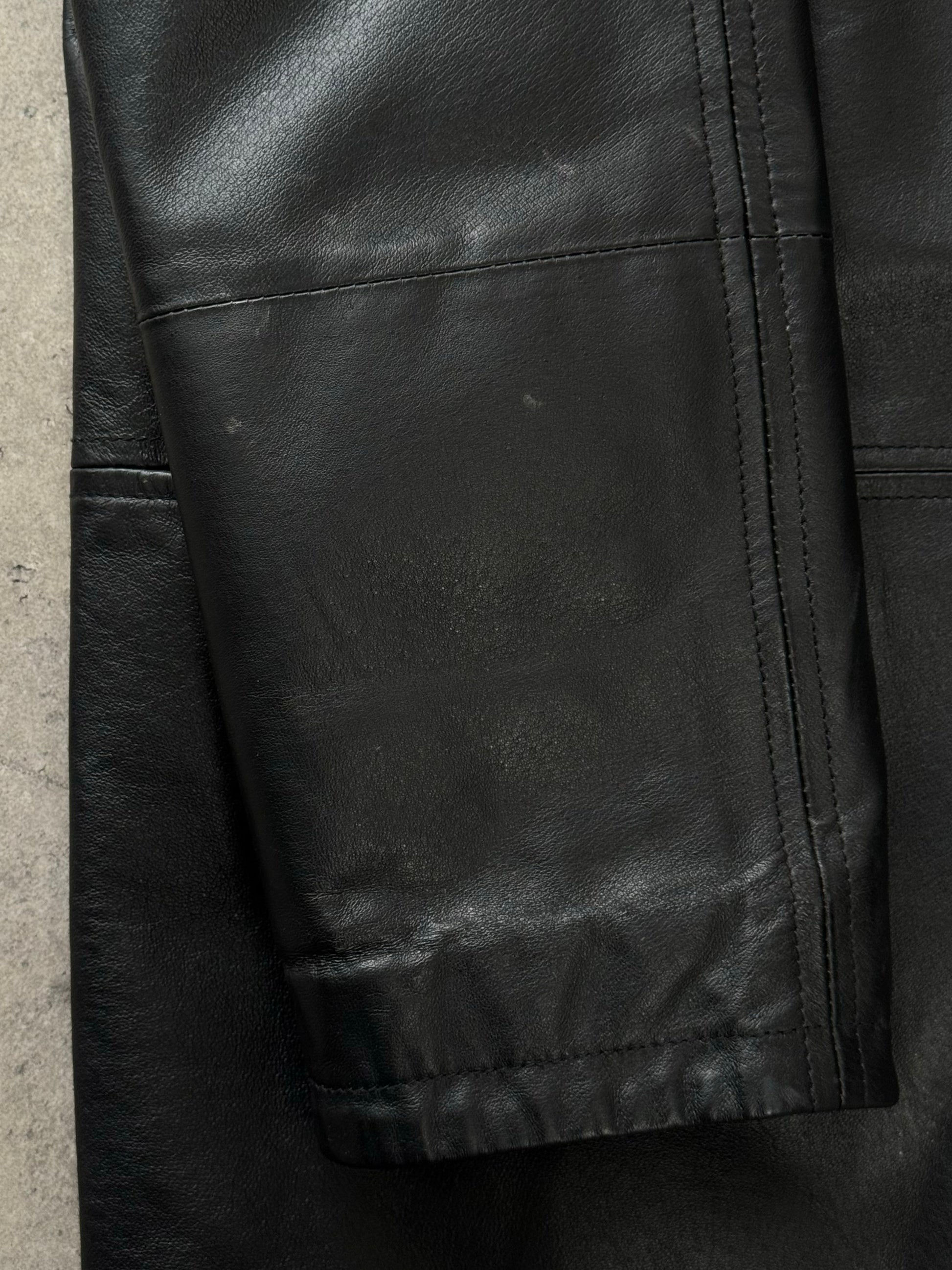 Vintage Italian 1990s single-breasted leather jacket, size large, shown on a hanger with classic design and rich leather texture.