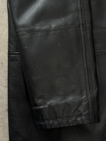 Vintage Italian 1990s single-breasted leather jacket, size large, shown on a hanger with classic design and rich leather texture.