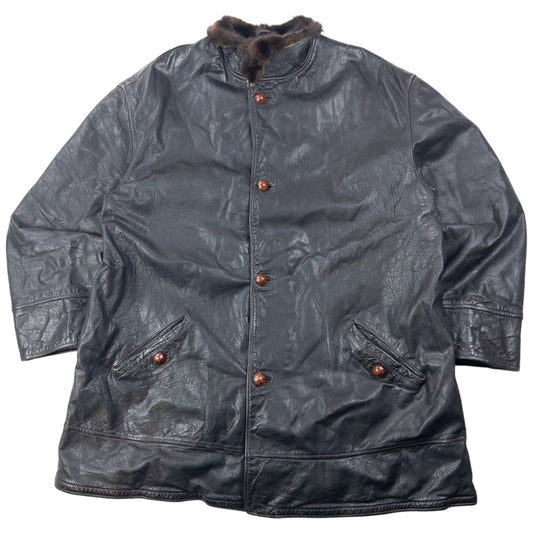 Vintage 80s Emporio Armani Fur Collar Stone Leather Jacket Size XXL | XXL, Black