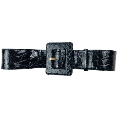 Vintage 90s YSL Yves Saint Laurent Crocodile Embossed Leather Belt Size M | O/S, Black