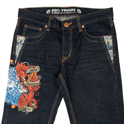 Vintage Big Train Embroidered Dragon Japanese Denim Jeans Size W34