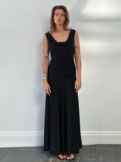 Vintage 1990s Cowl Neck Floor Length Fitted Dress - S-M