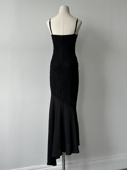 Vintage 2000s Ruched Asymmetric Lace Floor Length Dress - S-M