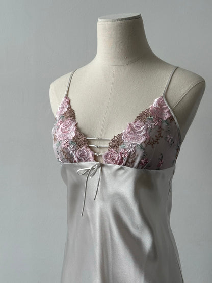 Vintage 2000s Satin Floral Lace Mini Slip Dress - XS