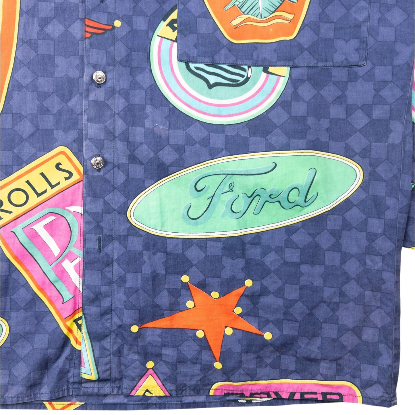 Vintage 90s Versace Jeans Couture Car Rolls Royce Pattern Button Up Shirt Size XL | XL, Multicolour