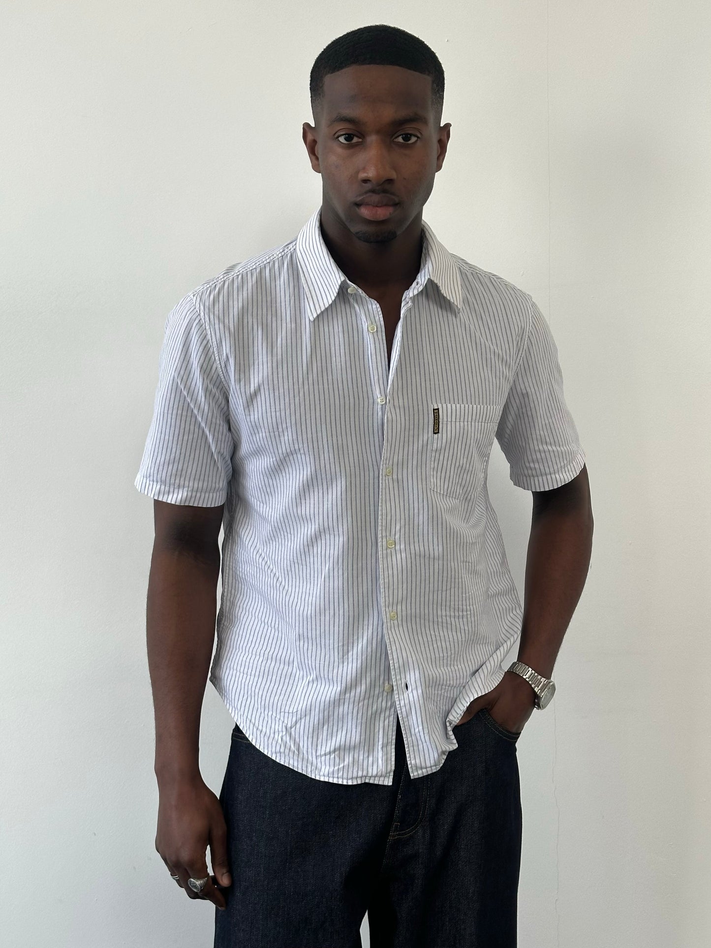 Armani Jeans 2000s pure cotton striped short sleeve shirt in size M, featuring a classic blue and white pattern.