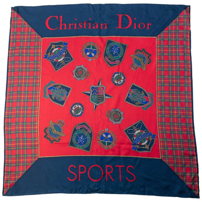 Vintage 90s Dior Tartan Badge Print Silk Scarf | O/S, Red