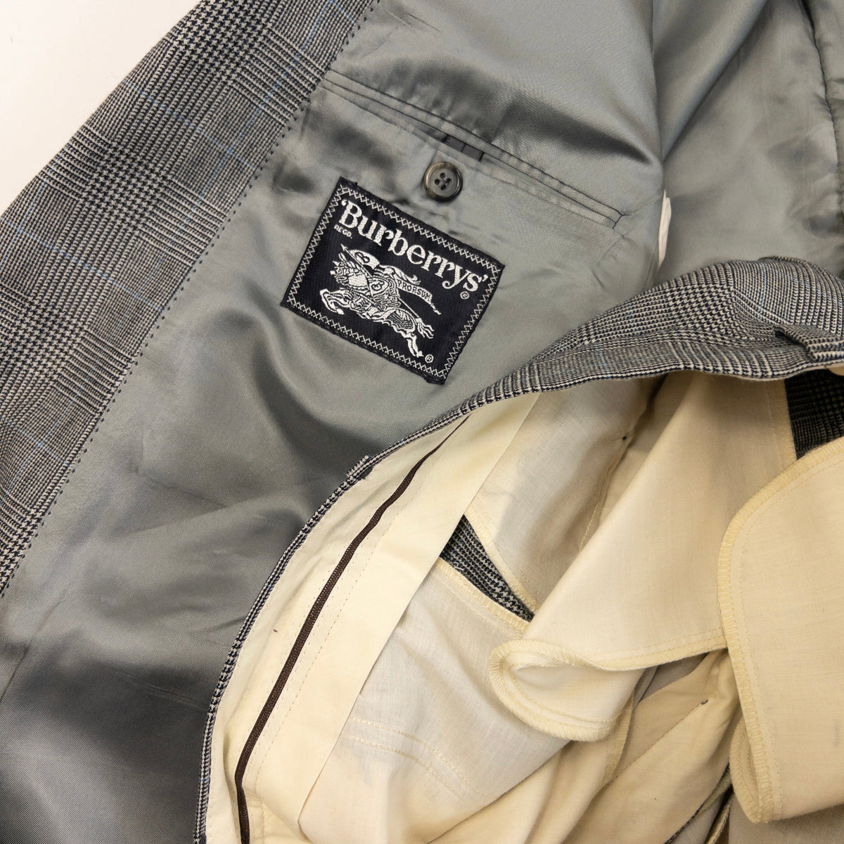 Vintage 90s Burberry Checkered Wool Jacket & Trousers Suit Set Size M | Medium, Grey