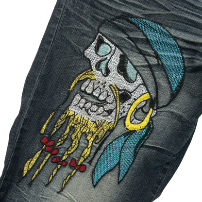 Vintage 2000s Embroidered Skull Pirate Japanese Denim Jeans Size W30 | W30, Multicoloured