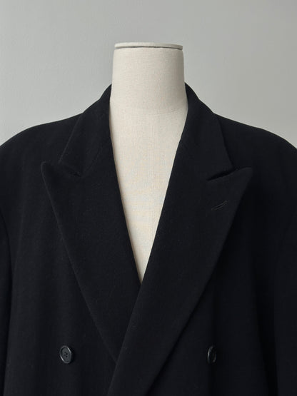 Pierre Cardin 1990s wool cashmere double-breasted coat in XXL, shown on a hanger with details of the fabric and classic design.