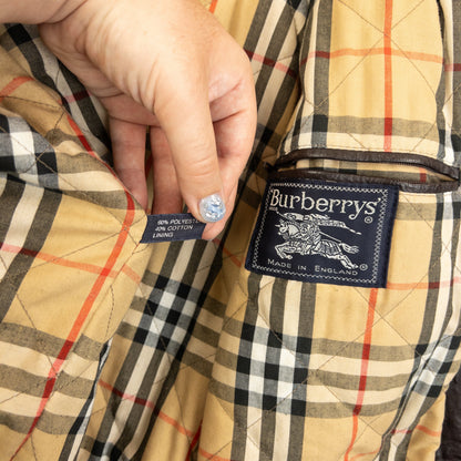 Vintage 90s Burberry Nova Check Lined Leather Duffle Jacket Size XL | O/S, Brown
