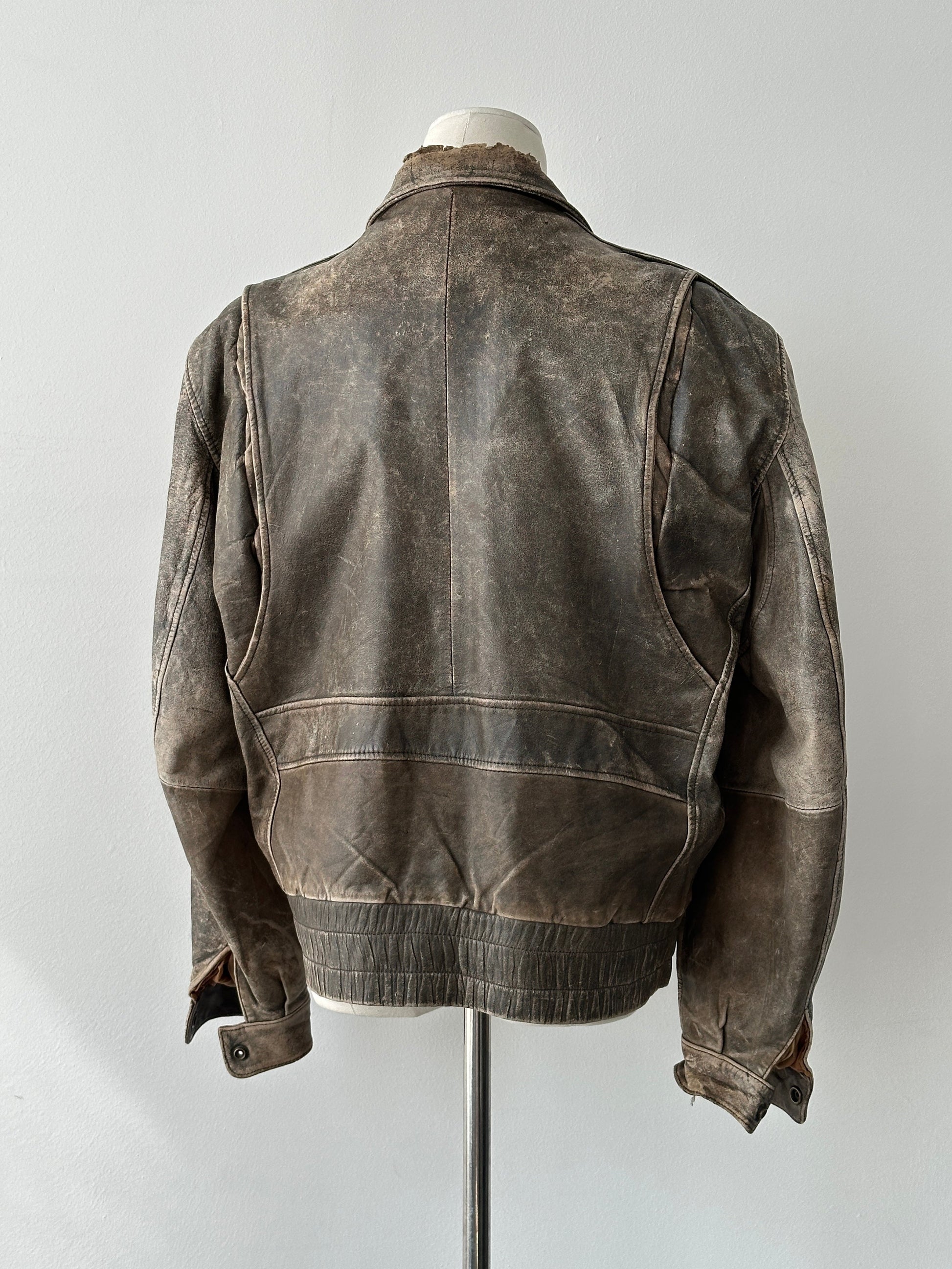 Vintage 1990s Distressed Leather Bomber Jacket - M-L