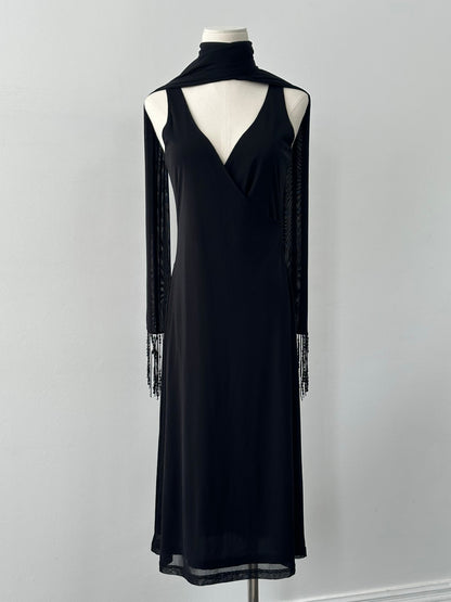 Vintage 1990s Beaded Scarf Wrap Midi Dress - M