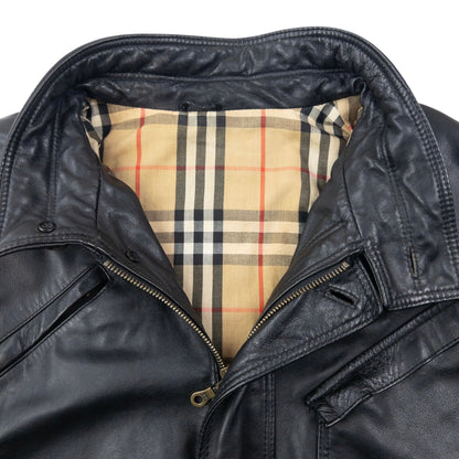 Vintage 90s Burberry Nova Check Lined Leather Jacket Size L