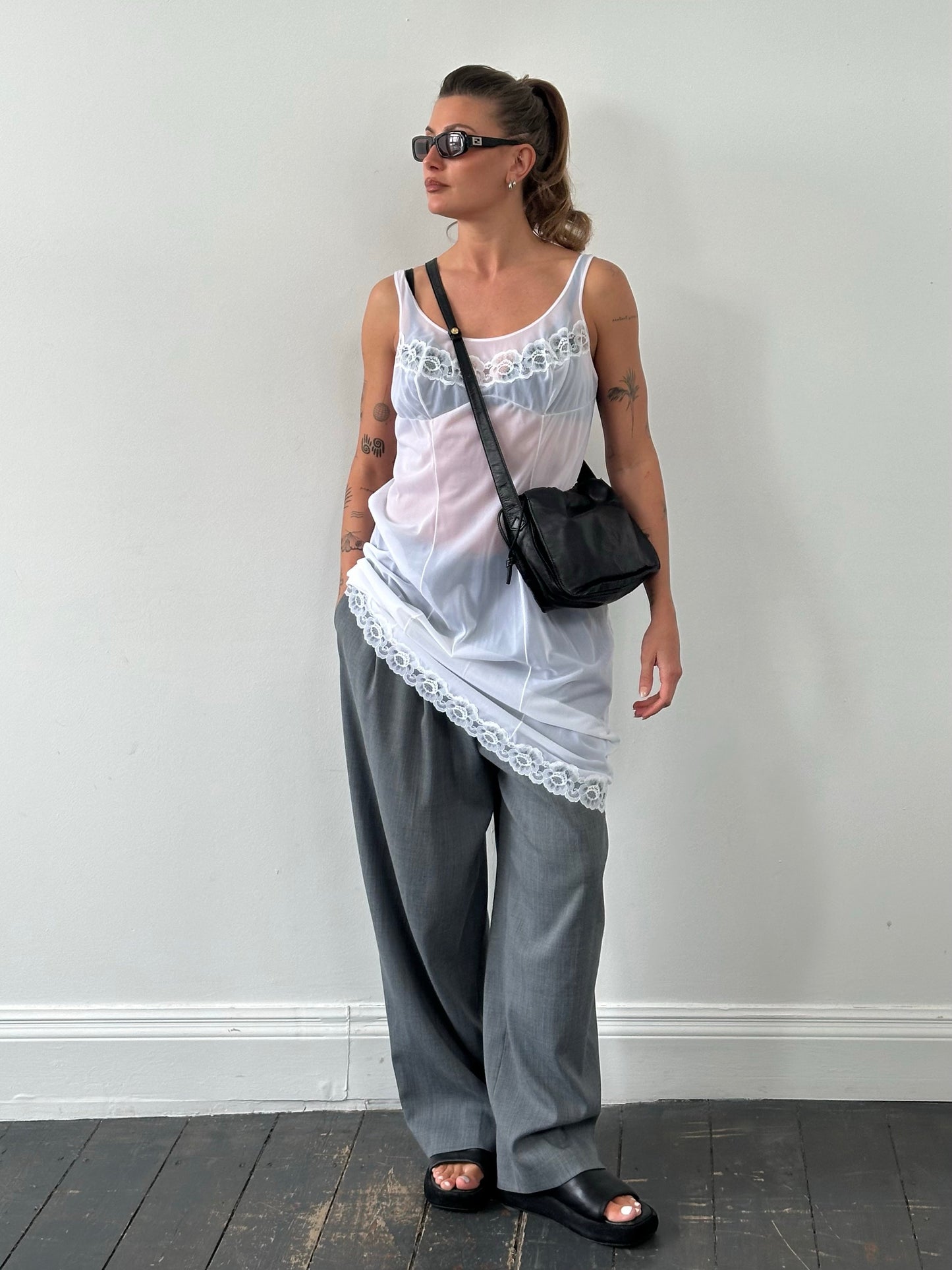 Italian Vintage 1990s Sheer Lace Sleeveless Dress - L