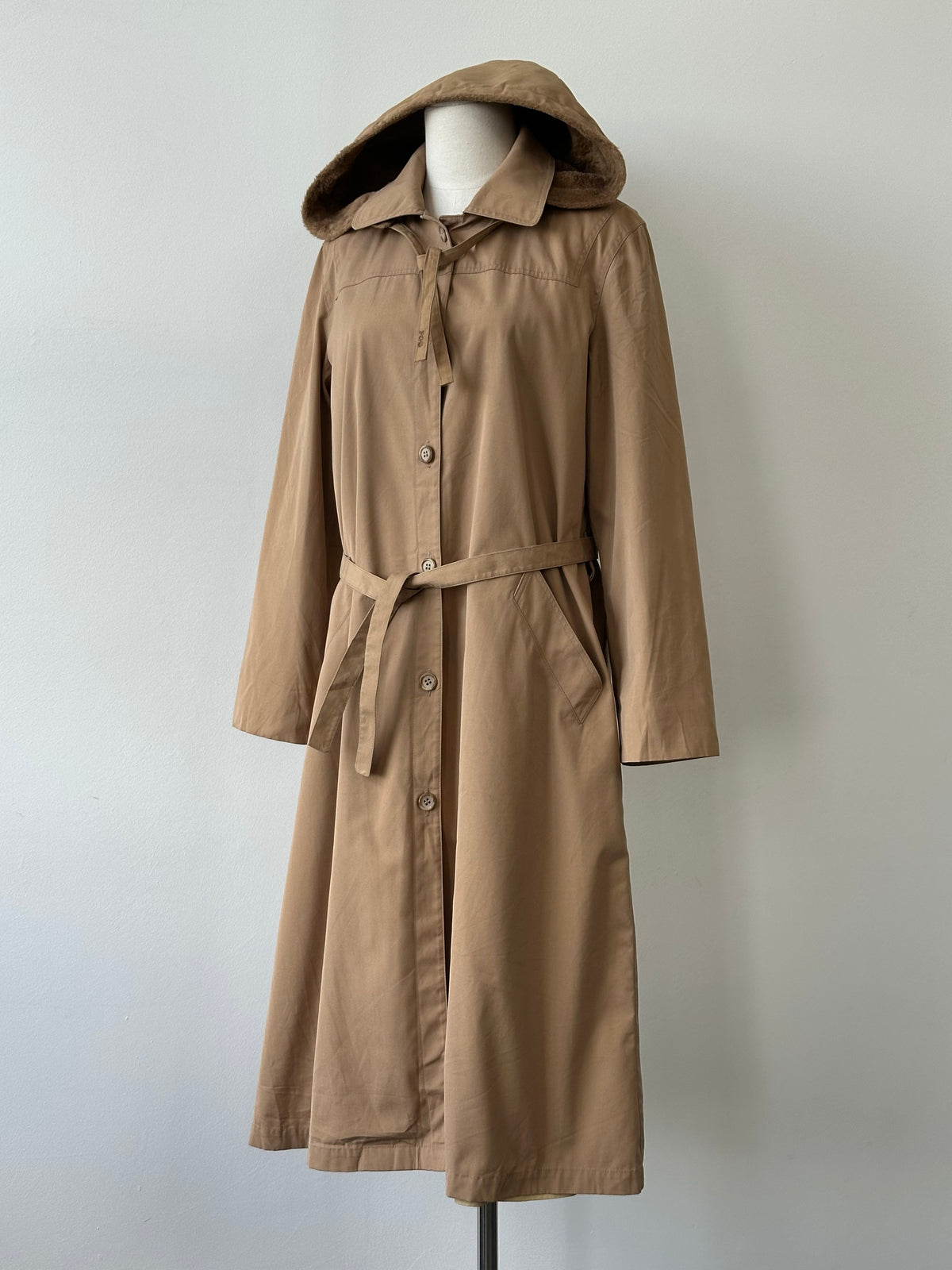 London Fog 1980s Cotton Belted Hooded Belted Trench - M