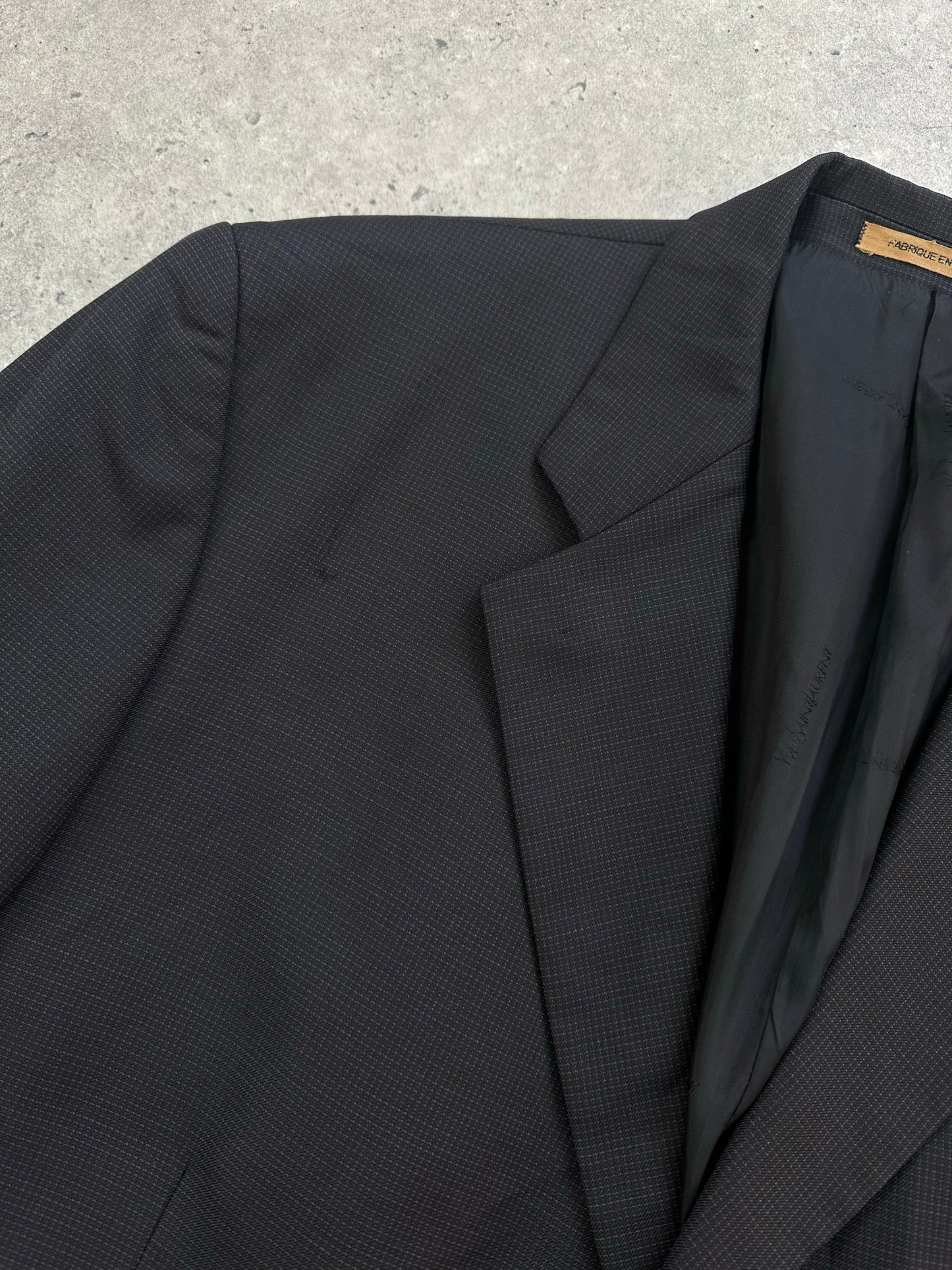 Yves Saint Laurent Pour Homme 1990s pure wool high-neck blazer in size 48R, displayed on a hanger with a classic design.