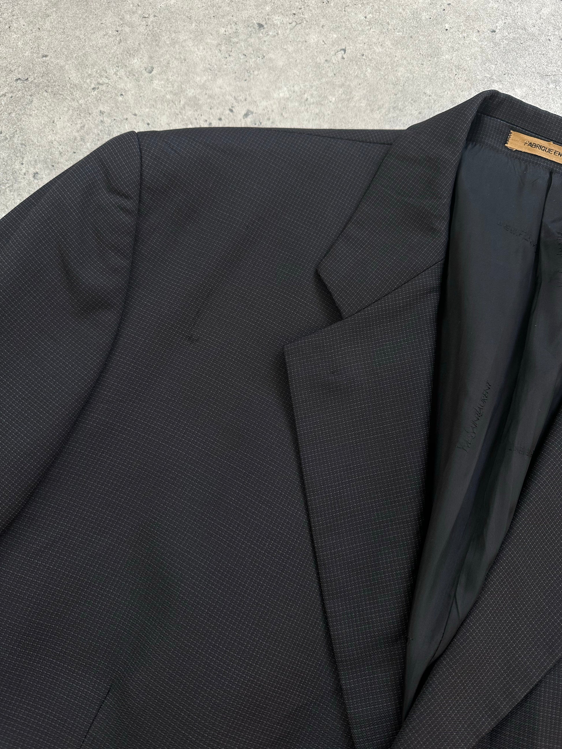 Yves Saint Laurent Pour Homme 1990s pure wool high-neck blazer in size 48R, displayed on a hanger with a classic design.