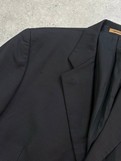 Yves Saint Laurent Pour Homme 1990s pure wool high-neck blazer in size 48R, displayed on a hanger with a classic design.