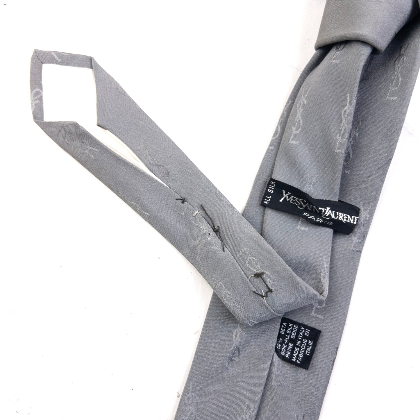 Vintage 90s YSL Yves Saint Laurent Monogram Silk Tie | O/S, Grey