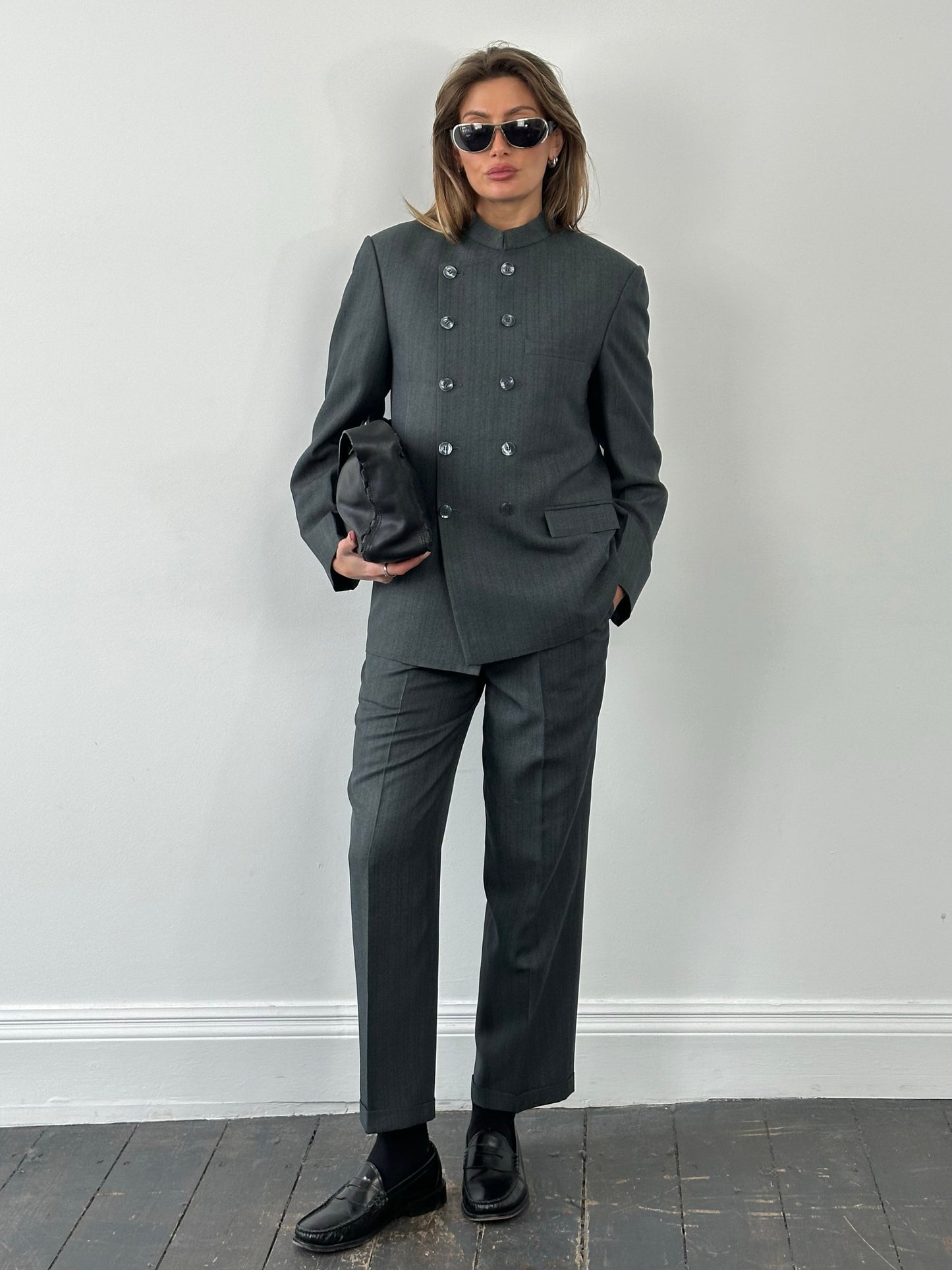 Vintage 1990s Stand Collar Double Breasted Stripe Suit - 38R/W29