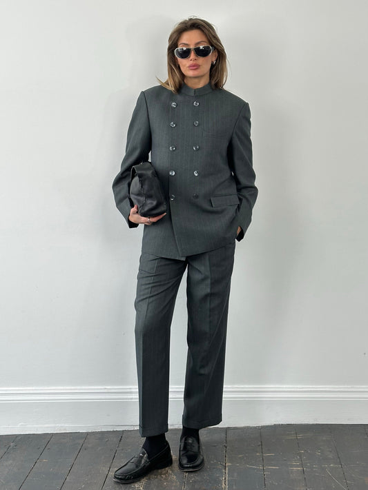 Vintage 1990s Stand Collar Double Breasted Stripe Suit - 38R/W29