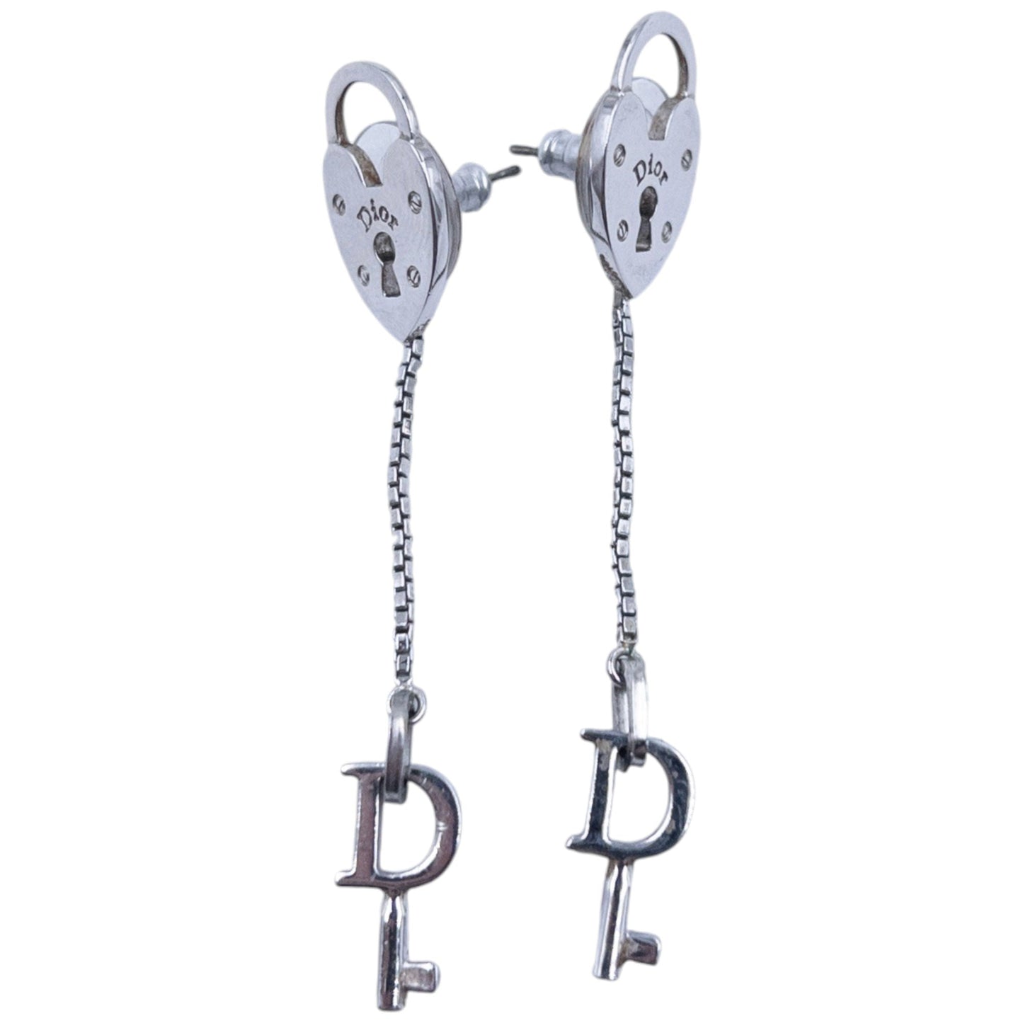 Vintage Dior Silver Heart Lock & Key Earrings