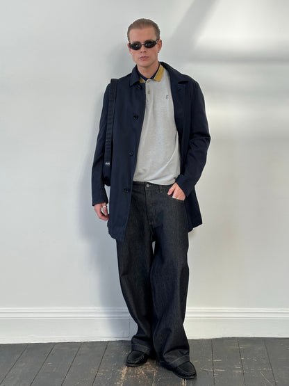 Hugo Boss 2000s cotton water-repellent trench coat in size L, beige color, with classic collar and button-front design.