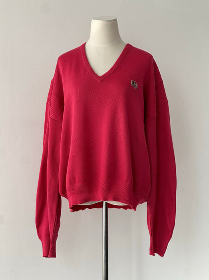 Burberry 1980s V-neck logo knit jumper in size L, featuring classic Burberry branding and a V-neck design.