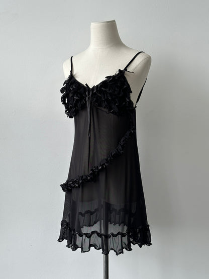 Vintage 2000s Sheer Ruffle Sleeveless Mini Dress - M