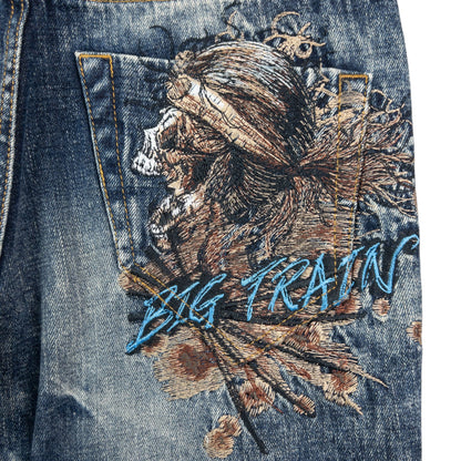 Vintage Big Train Embroidered Pirate Skull Japanese Denim Jeans Size W30
