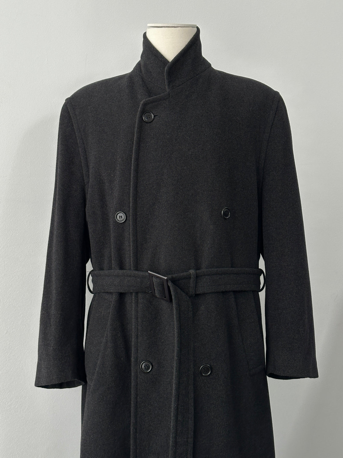 Vintage 1990s wool cashmere high neck belted coat, size L, stylish and warm with classic design and luxurious fabric.