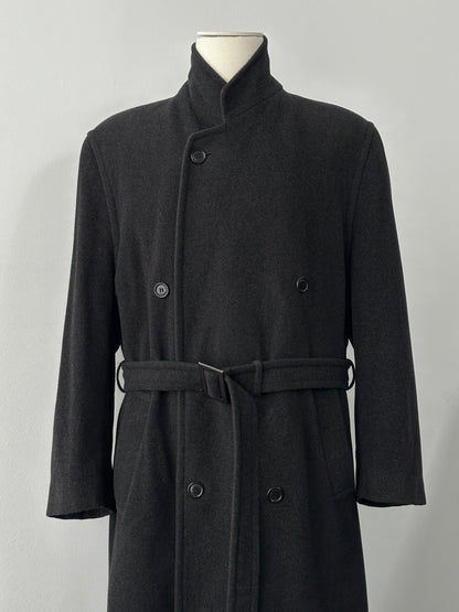 Vintage 1990s wool cashmere high neck belted coat, size L, stylish and warm with classic design and luxurious fabric.
