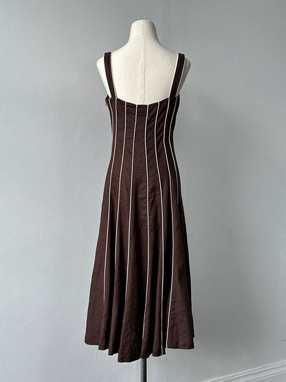 Vintage 1990s pure linen striped dress in size M, featuring a classic design with horizontal blue and white stripes.
