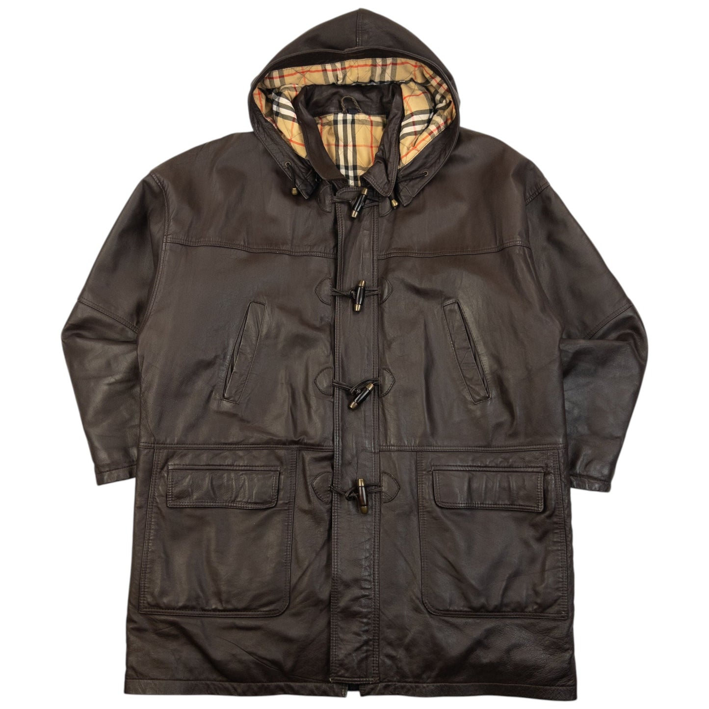 Vintage 90s Burberry Nova Check Lined Leather Duffle Jacket Size XL | O/S, Brown