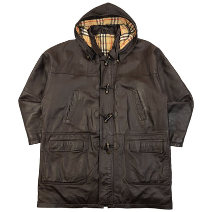Vintage 90s Burberry Nova Check Lined Leather Duffle Jacket Size XL | O/S, Brown