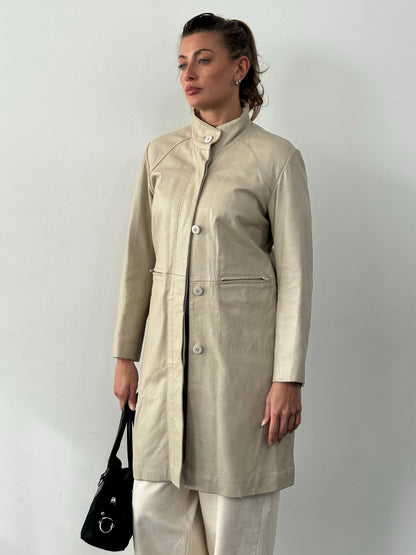 Vintage 2000s High Neck Leather Trench Coat - S