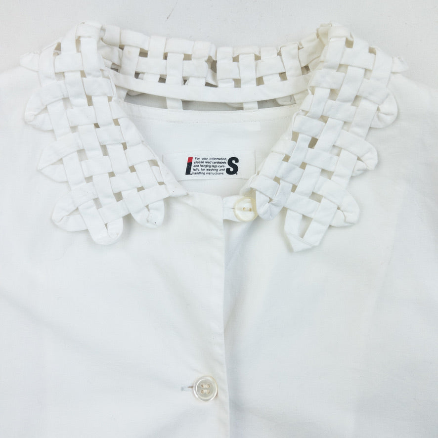Vintage 80s Issey Miyake I.S. Crochet Collar Long Sleeve Button Up Shirt Size S | Small, White