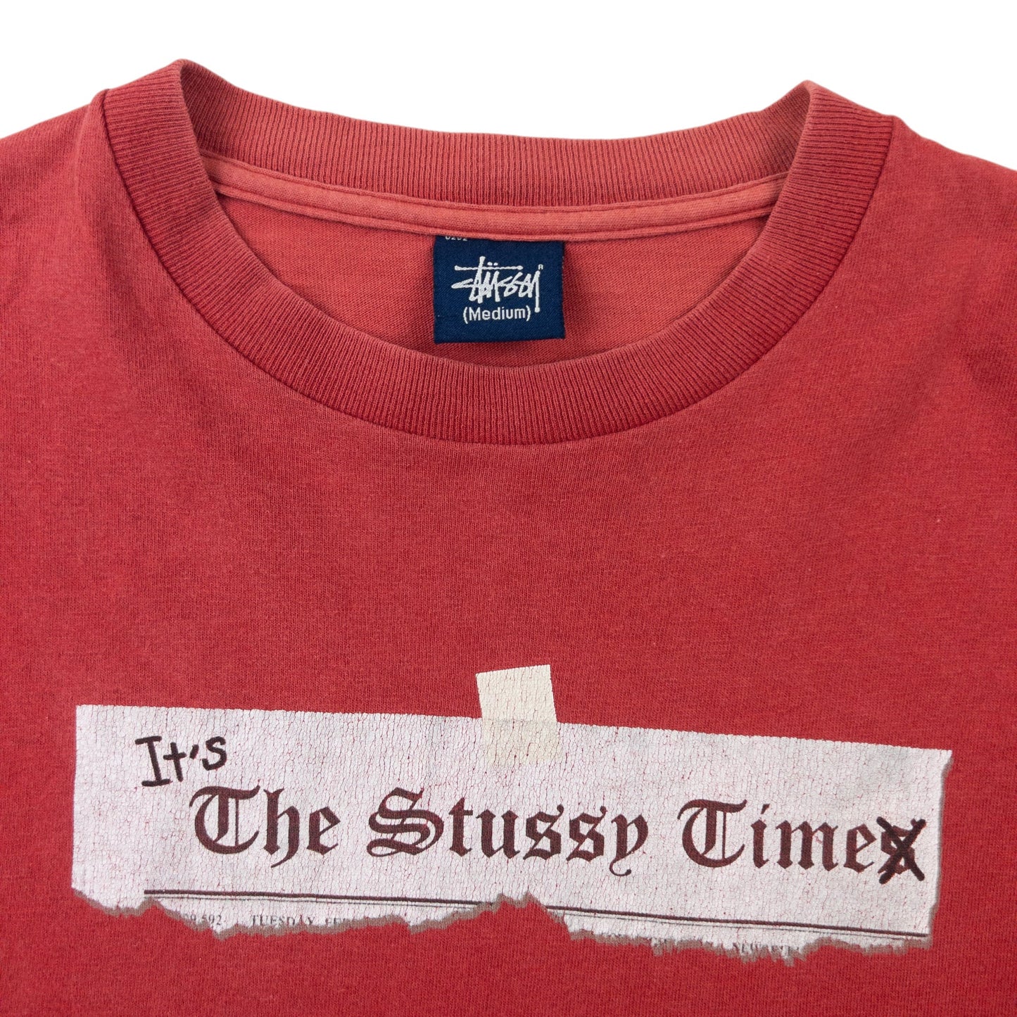 Vintage 2000s Stussy It's The Stussy Time Newspaper Graphic T Shirt Size M | Medium, Red