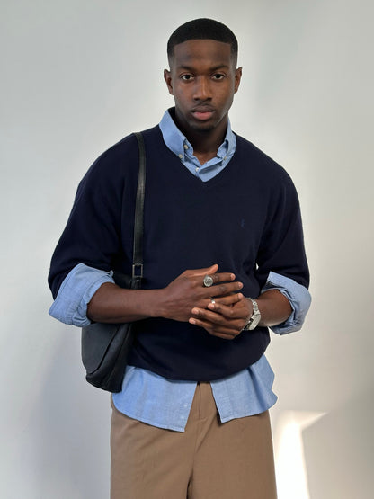 Yves Saint Laurent Pour Homme 1990s wool V-neck jumper in size L, navy blue sweater with ribbed collar and cuffs.