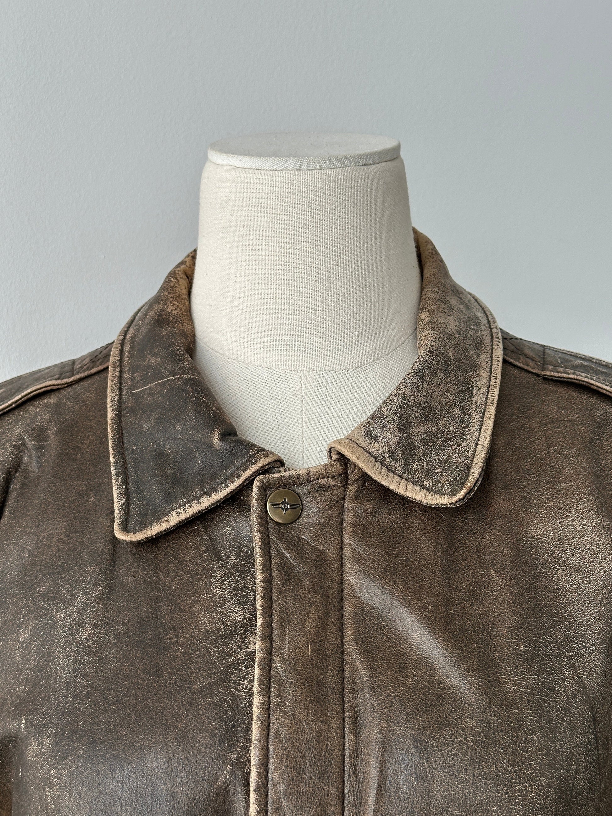 Vintage 1990s Distressed Leather Bomber Jacket - M-L