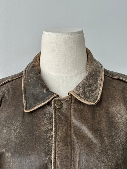 Vintage 1990s Distressed Leather Bomber Jacket - M-L