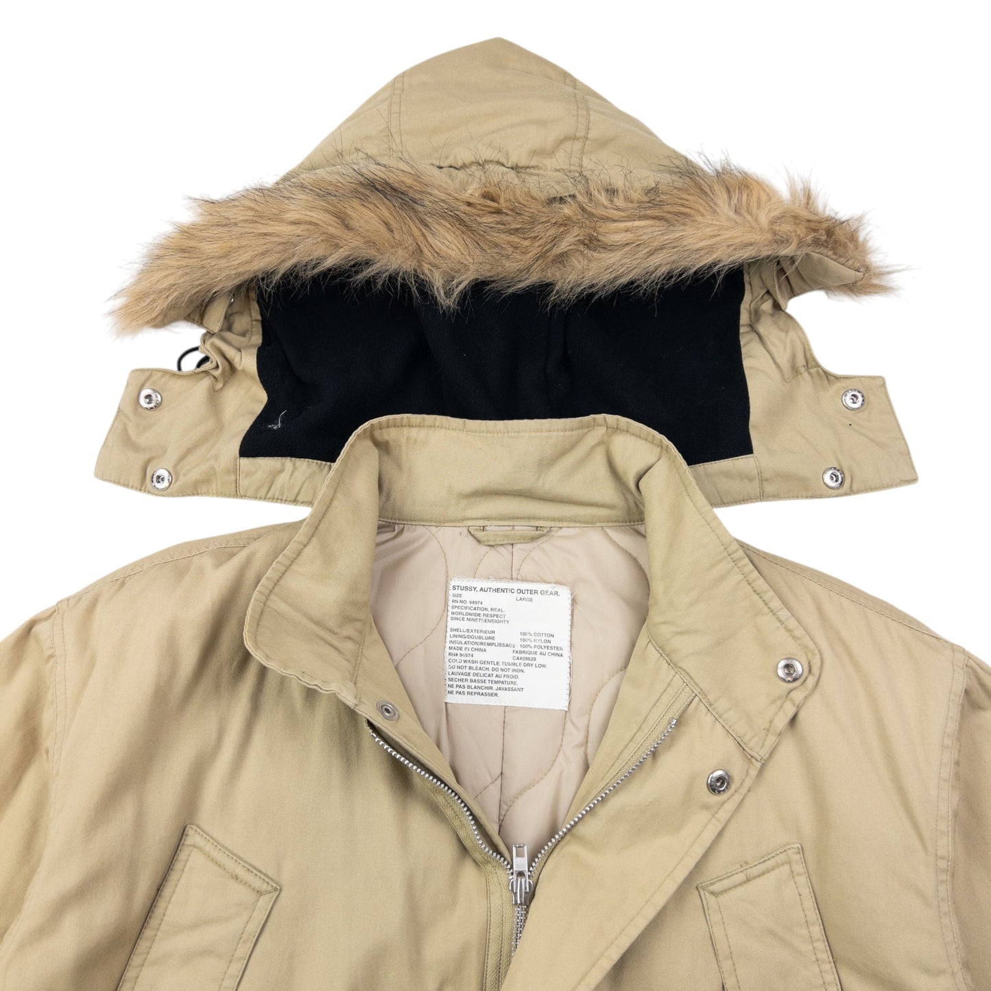 Vintage Stussy Fur Hood Padded Zip Up Jacket Size L